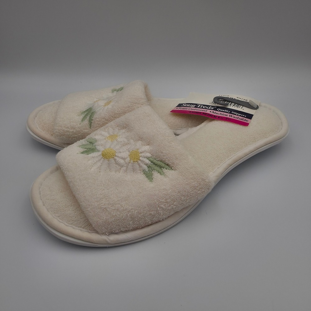 Snug-Treds White Terry Cloth Daisy Embroidered Spa Slippers Medium 6.5-7.5 11216